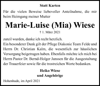 Traueranzeige von Marie-Luise Wiese von Kieler Nachrichten