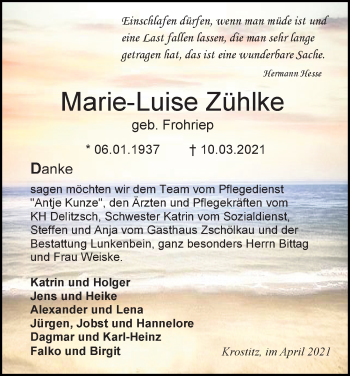 Traueranzeige von Marie-Luise Zühlke von Leipziger Volkszeitung