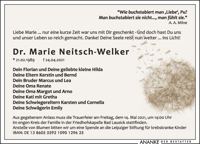  Traueranzeige für Marie Neitsch-Welker vom 30.04.2021 aus Leipziger Volkszeitung