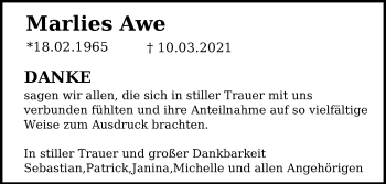 Traueranzeige von Marlies Awe von Ostsee-Zeitung GmbH