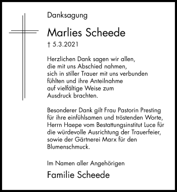 Traueranzeige von Marlies Scheede von Göttinger Tageblatt