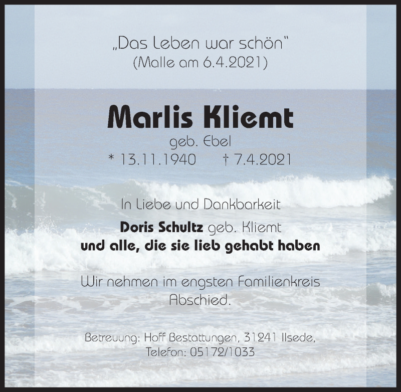  Traueranzeige für Marlis Kliemt vom 10.04.2021 aus Peiner Allgemeine Zeitung