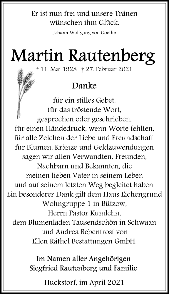  Traueranzeige für Martin Rautenberg vom 17.04.2021 aus Ostsee-Zeitung GmbH