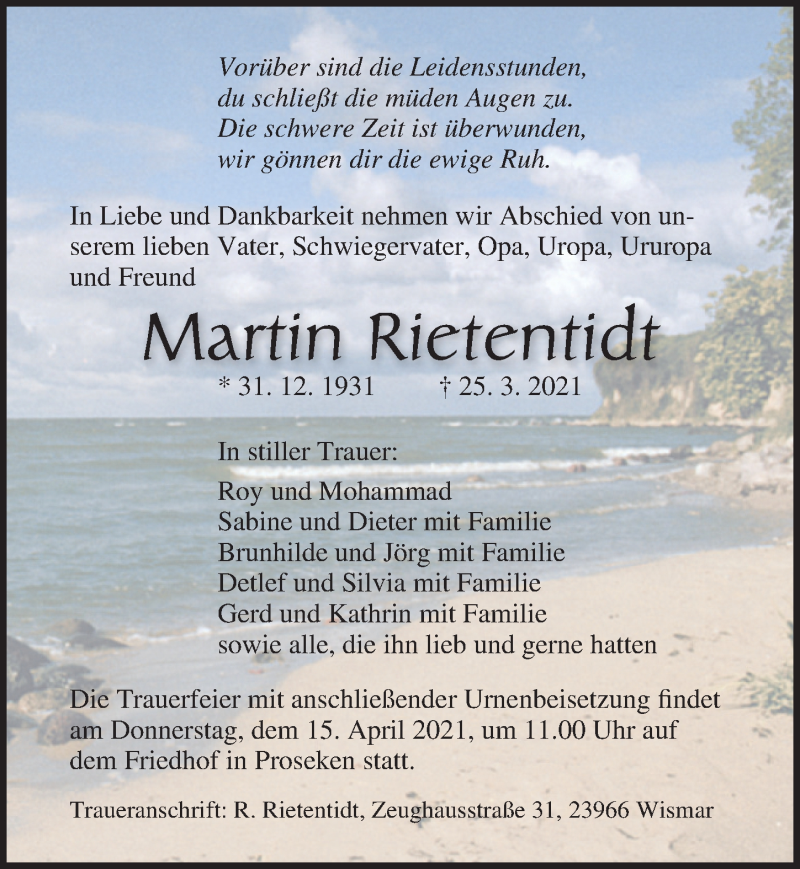  Traueranzeige für Martin Rietentidt vom 10.04.2021 aus Ostsee-Zeitung GmbH