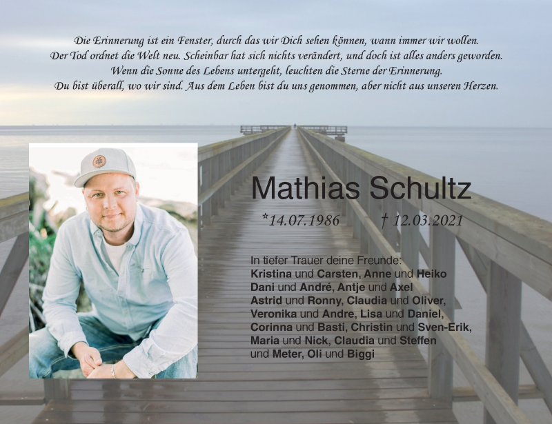  Traueranzeige für Mathias Schultz vom 03.04.2021 aus Ostsee-Zeitung GmbH