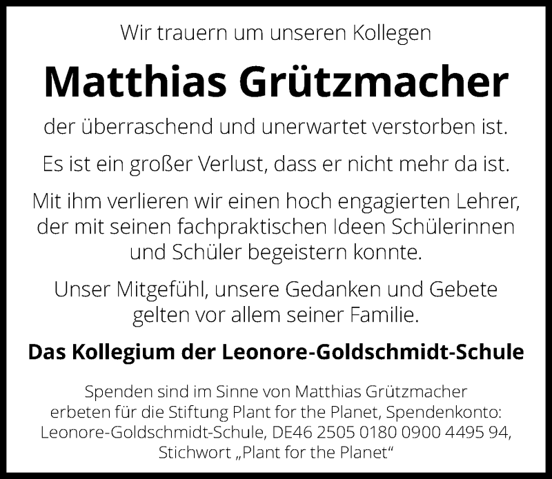  Traueranzeige für Matthias Grützmacher vom 10.04.2021 aus Hannoversche Allgemeine Zeitung/Neue Presse