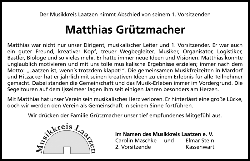  Traueranzeige für Matthias Grützmacher vom 10.04.2021 aus Hannoversche Allgemeine Zeitung/Neue Presse