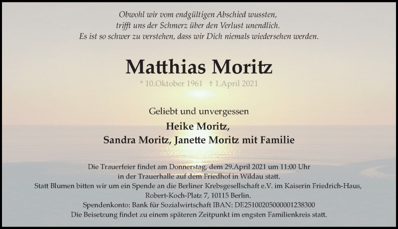  Traueranzeige für Matthias Moritz vom 24.04.2021 aus Märkischen Allgemeine Zeitung