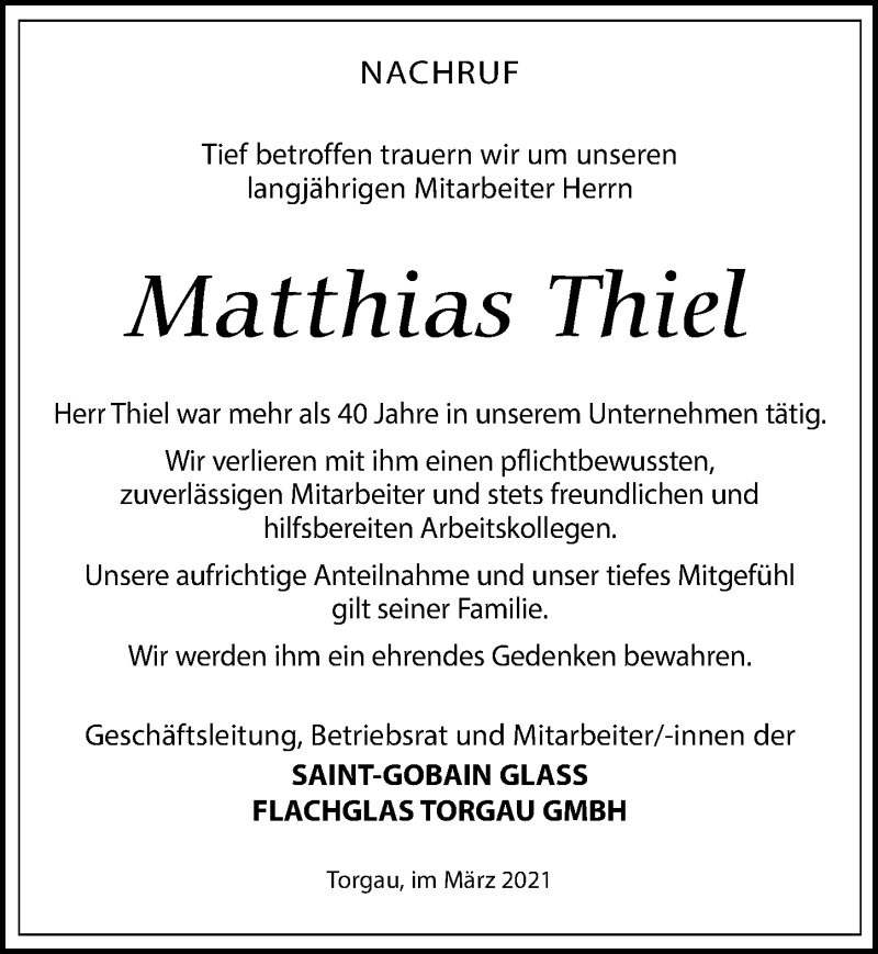  Traueranzeige für Matthias Thiel vom 01.04.2021 aus Torgauer Zeitung