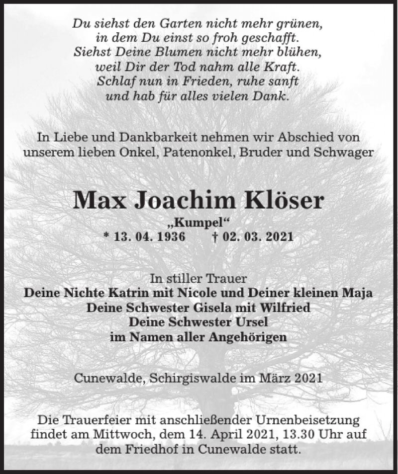  Traueranzeige für Max Joachim Klöser vom 03.04.2021 aus Sächsische Zeitung