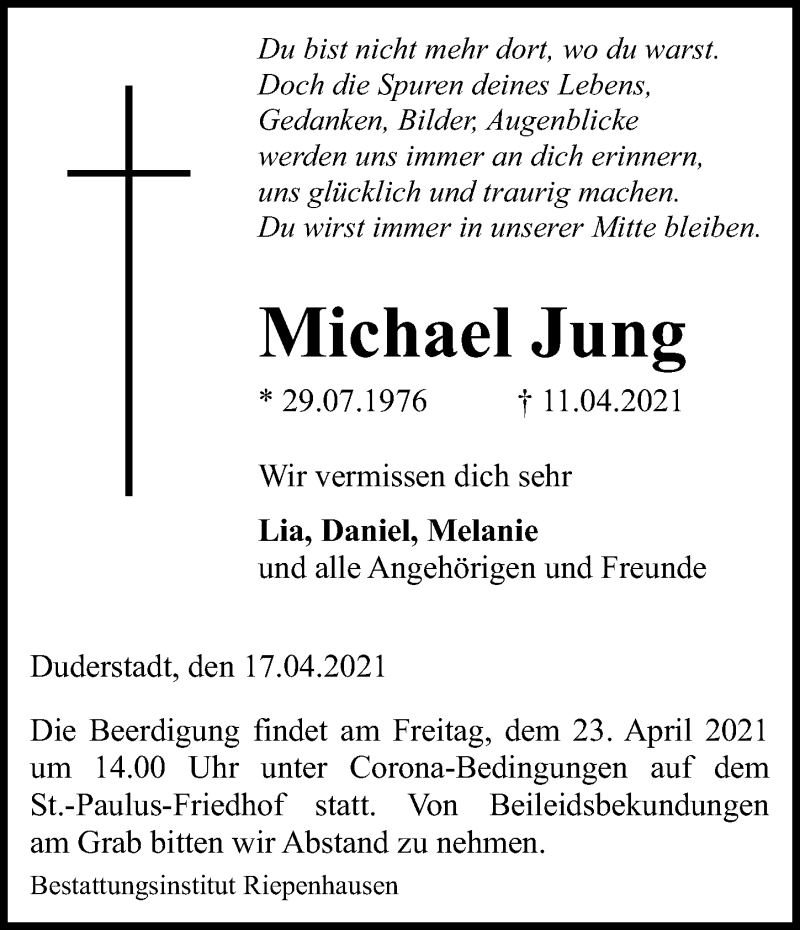  Traueranzeige für Michael Jung vom 17.04.2021 aus Eichsfelder Tageblatt