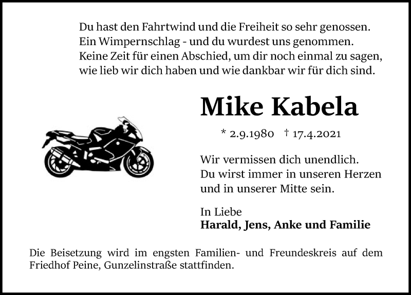  Traueranzeige für Mike Kabela vom 24.04.2021 aus Peiner Allgemeine Zeitung