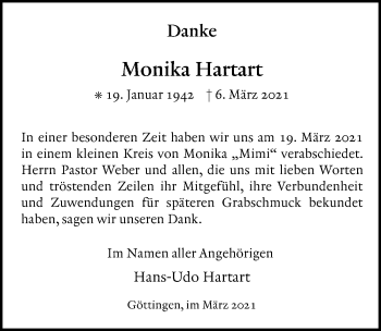 Traueranzeige von Monika Hartart von Göttinger Tageblatt