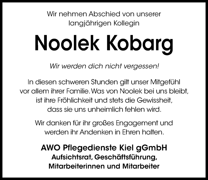  Traueranzeige für Noolek Kobarg vom 24.04.2021 aus Kieler Nachrichten
