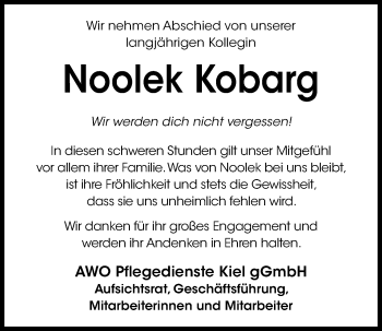 Traueranzeige von Noolek Kobarg von Kieler Nachrichten