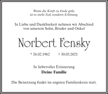 Traueranzeige von Norbert Fensky von Märkischen Allgemeine Zeitung