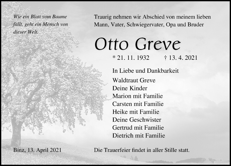  Traueranzeige für Otto Greve vom 17.04.2021 aus Ostsee-Zeitung GmbH