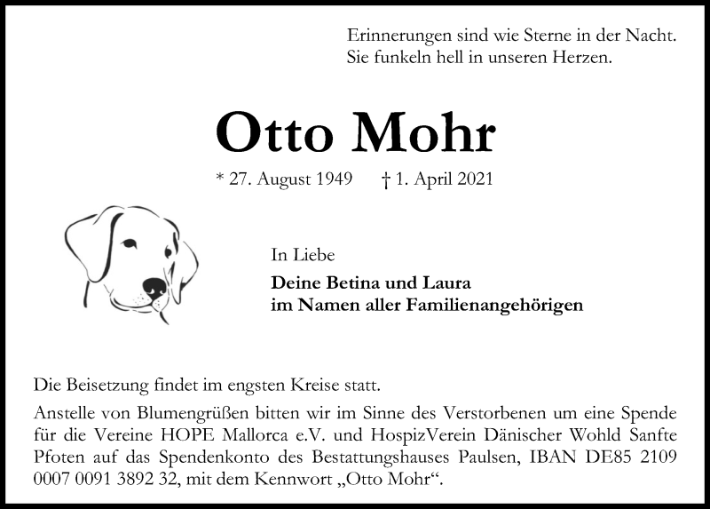  Traueranzeige für Otto Mohr vom 10.04.2021 aus Kieler Nachrichten