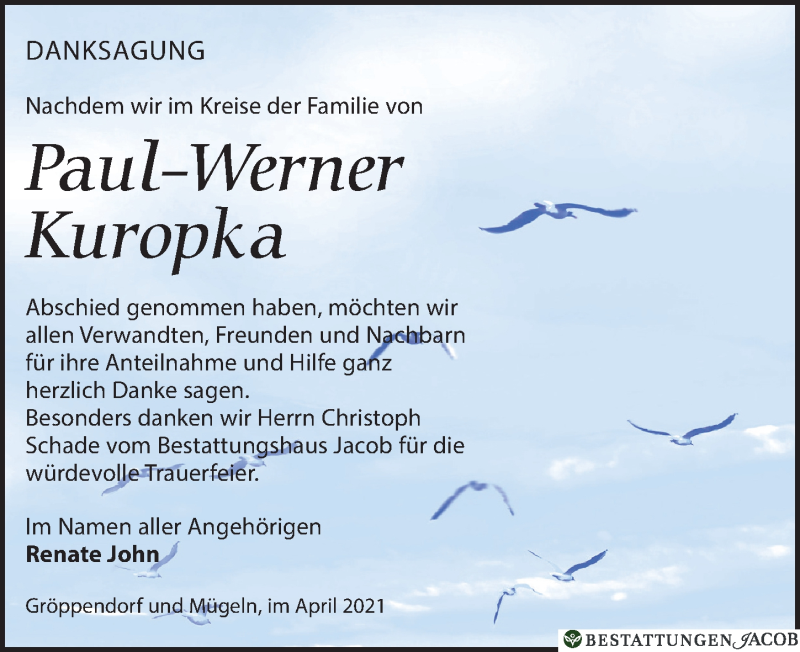  Traueranzeige für Paul-Werner Kuropka vom 24.04.2021 aus Leipziger Volkszeitung