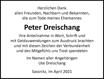 Traueranzeige von Peter Dreischang von Ostsee-Zeitung GmbH