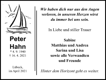 Traueranzeige von Peter Hahn von Lübecker Nachrichten