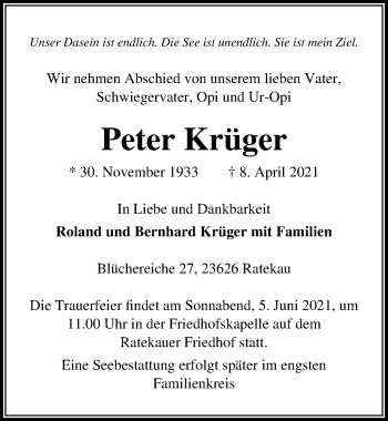 Traueranzeige von Peter Krüger von Lübecker Nachrichten