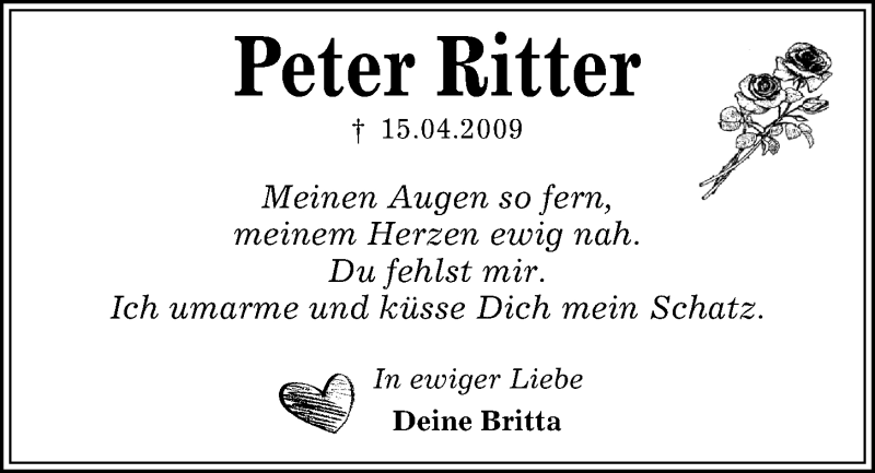  Traueranzeige für Peter Ritter vom 15.04.2021 aus Kieler Nachrichten