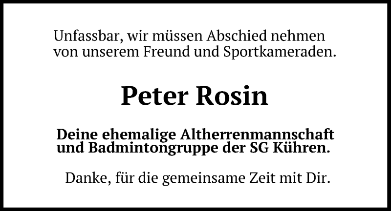  Traueranzeige für Peter Rosin vom 24.04.2021 aus Kieler Nachrichten