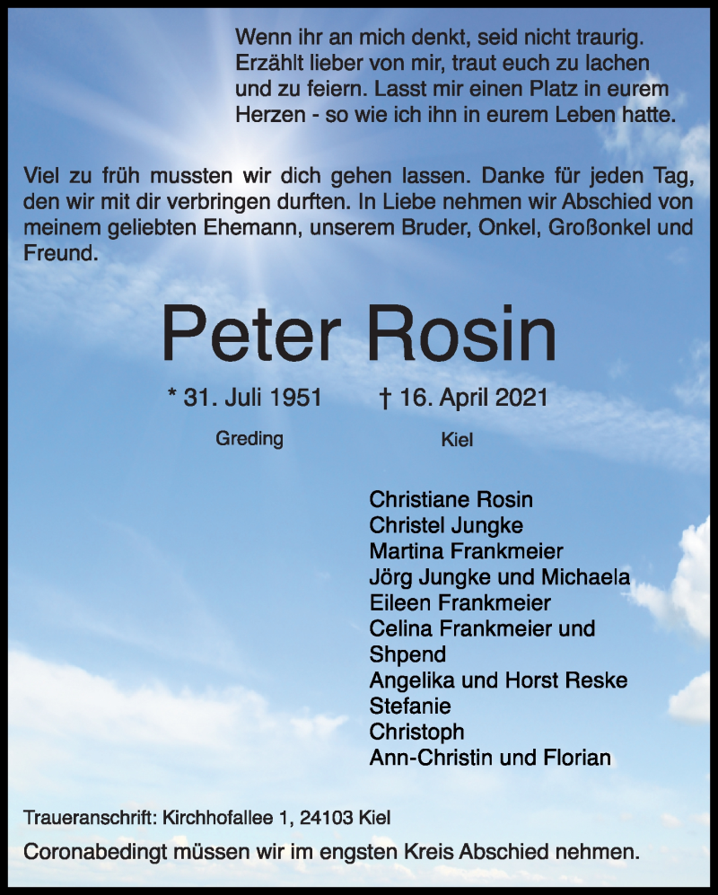  Traueranzeige für Peter Rosin vom 24.04.2021 aus Kieler Nachrichten