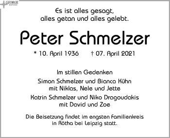 Traueranzeige von Peter Schmelzer von Leipziger Volkszeitung