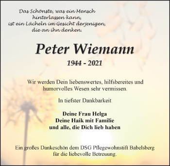 Traueranzeige von Peter Wiemann von Märkischen Allgemeine Zeitung