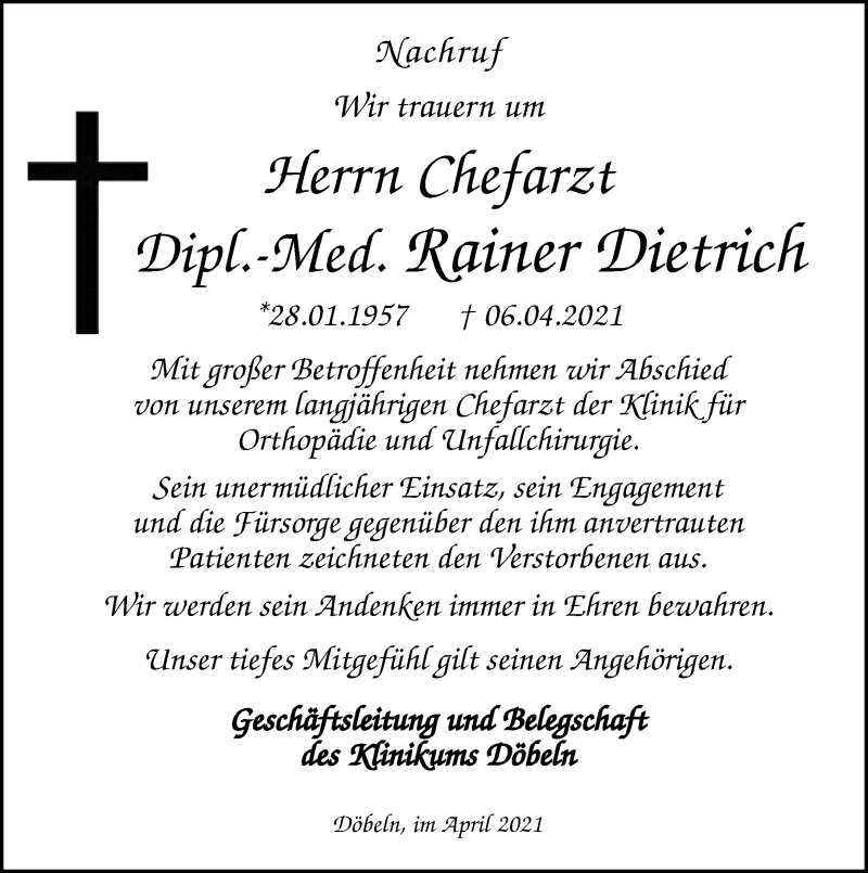  Traueranzeige für Rainer Dietrich vom 17.04.2021 aus Leipziger Volkszeitung