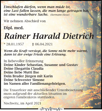 Traueranzeige von Rainer Harald Dietrich von Leipziger Volkszeitung