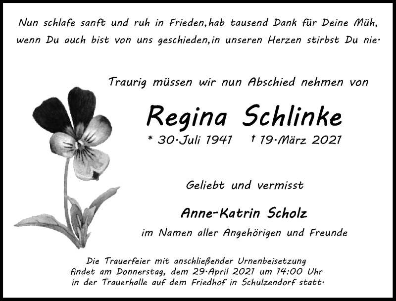  Traueranzeige für Regina Schlinke vom 17.04.2021 aus Märkischen Allgemeine Zeitung