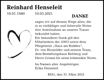 Traueranzeige von Reinhard Henseleit von Ostsee-Zeitung GmbH