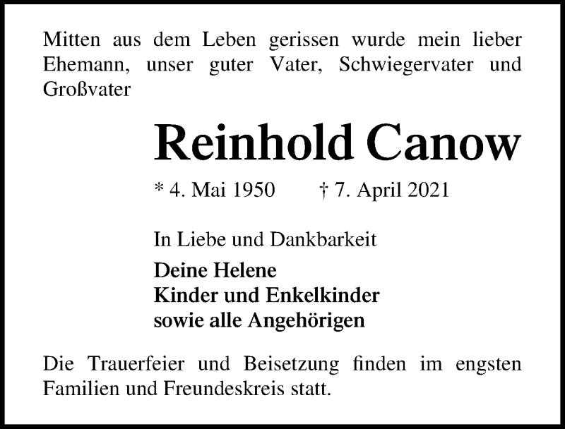  Traueranzeige für Reinhold Canow vom 11.04.2021 aus Lübecker Nachrichten
