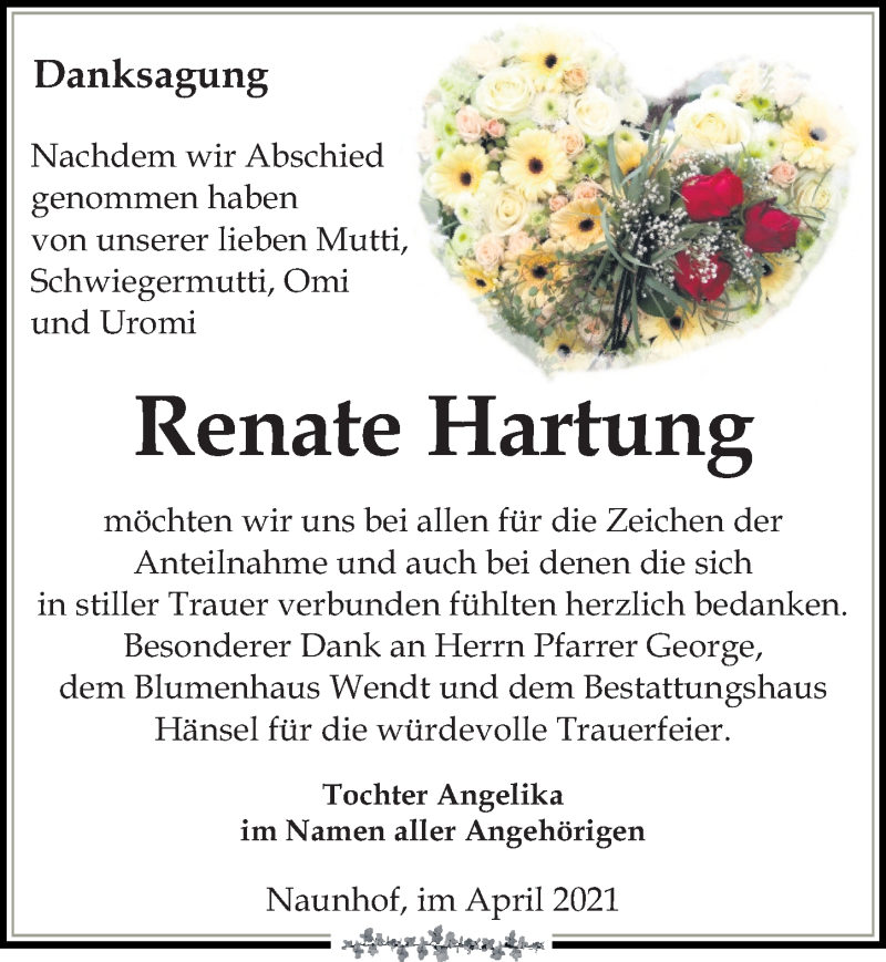  Traueranzeige für Renate Hartung vom 24.04.2021 aus Leipziger Volkszeitung