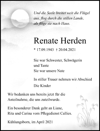 Traueranzeige von Renate Herden von Ostsee-Zeitung GmbH