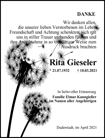 Traueranzeige von Rita Gieseler von Eichsfelder Tageblatt