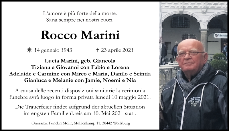  Traueranzeige für Rocco Marini vom 30.04.2021 aus Aller Zeitung