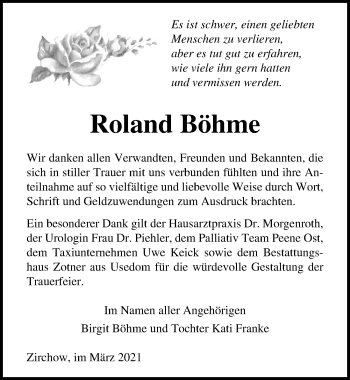 Traueranzeige von Roland Böhme von Ostsee-Zeitung GmbH