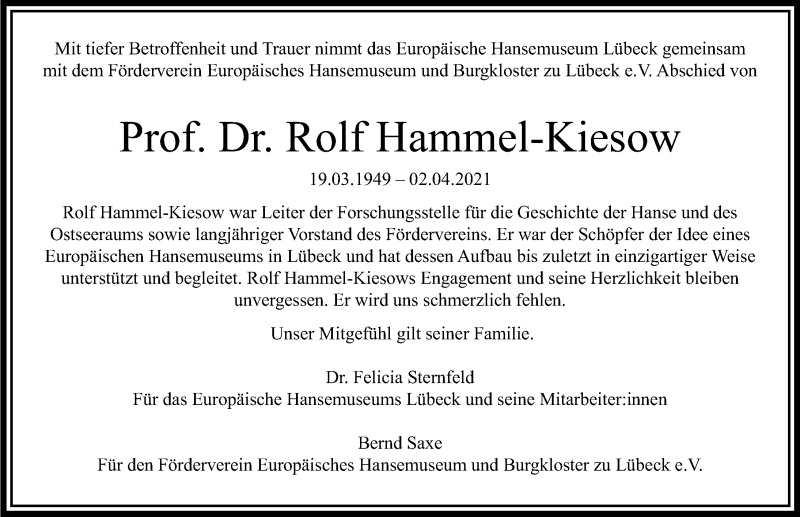  Traueranzeige für Rolf Hammel-Kiesow vom 11.04.2021 aus Lübecker Nachrichten