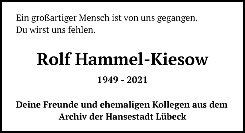  Traueranzeige für Rolf Hammel-Kiesow vom 11.04.2021 aus Lübecker Nachrichten