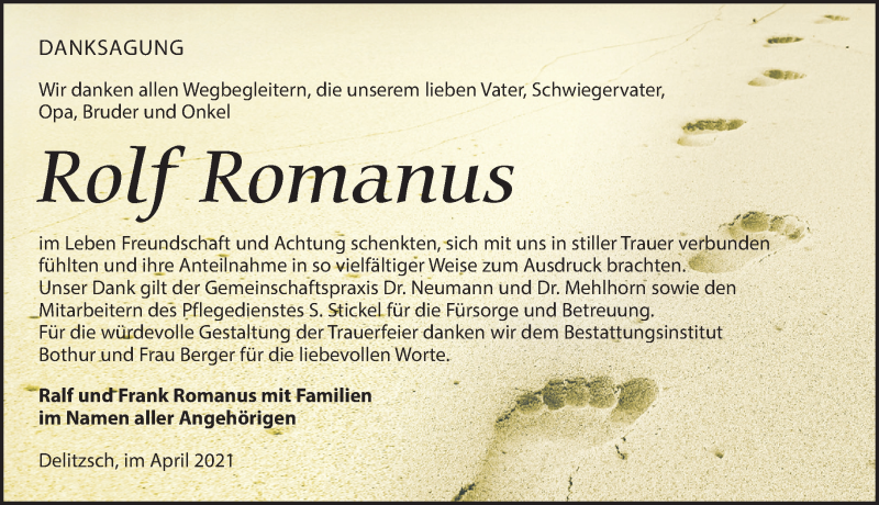  Traueranzeige für Rolf Romanus vom 24.04.2021 aus Leipziger Volkszeitung