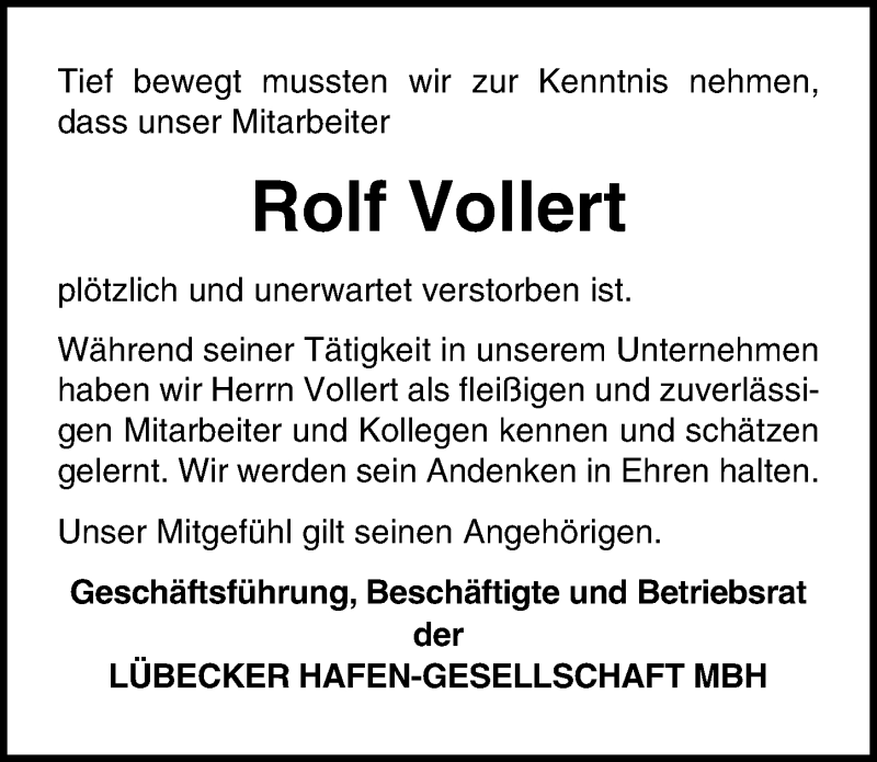  Traueranzeige für Rolf Vollert vom 18.04.2021 aus Lübecker Nachrichten