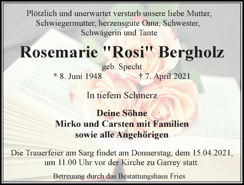  Traueranzeige für Rosemarie Bergholz vom 10.04.2021 aus Märkischen Allgemeine Zeitung
