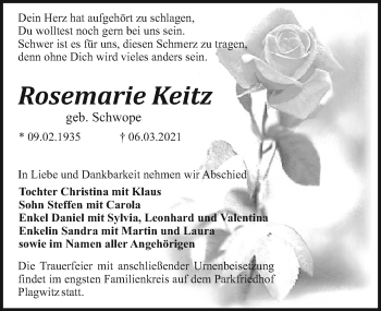 Traueranzeige von Rosemarie Keitz von Leipziger Volkszeitung