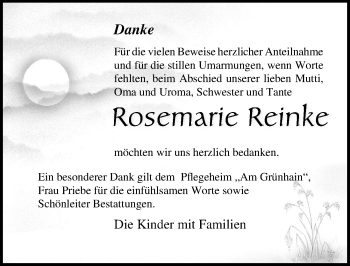 Traueranzeige von Rosemarie Reinke von Ostsee-Zeitung GmbH
