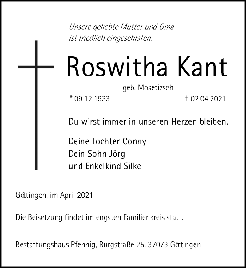  Traueranzeige für Roswitha Kant vom 17.04.2021 aus Göttinger Tageblatt