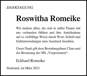 Traueranzeige von Roswitha Romeike von Ostsee-Zeitung GmbH